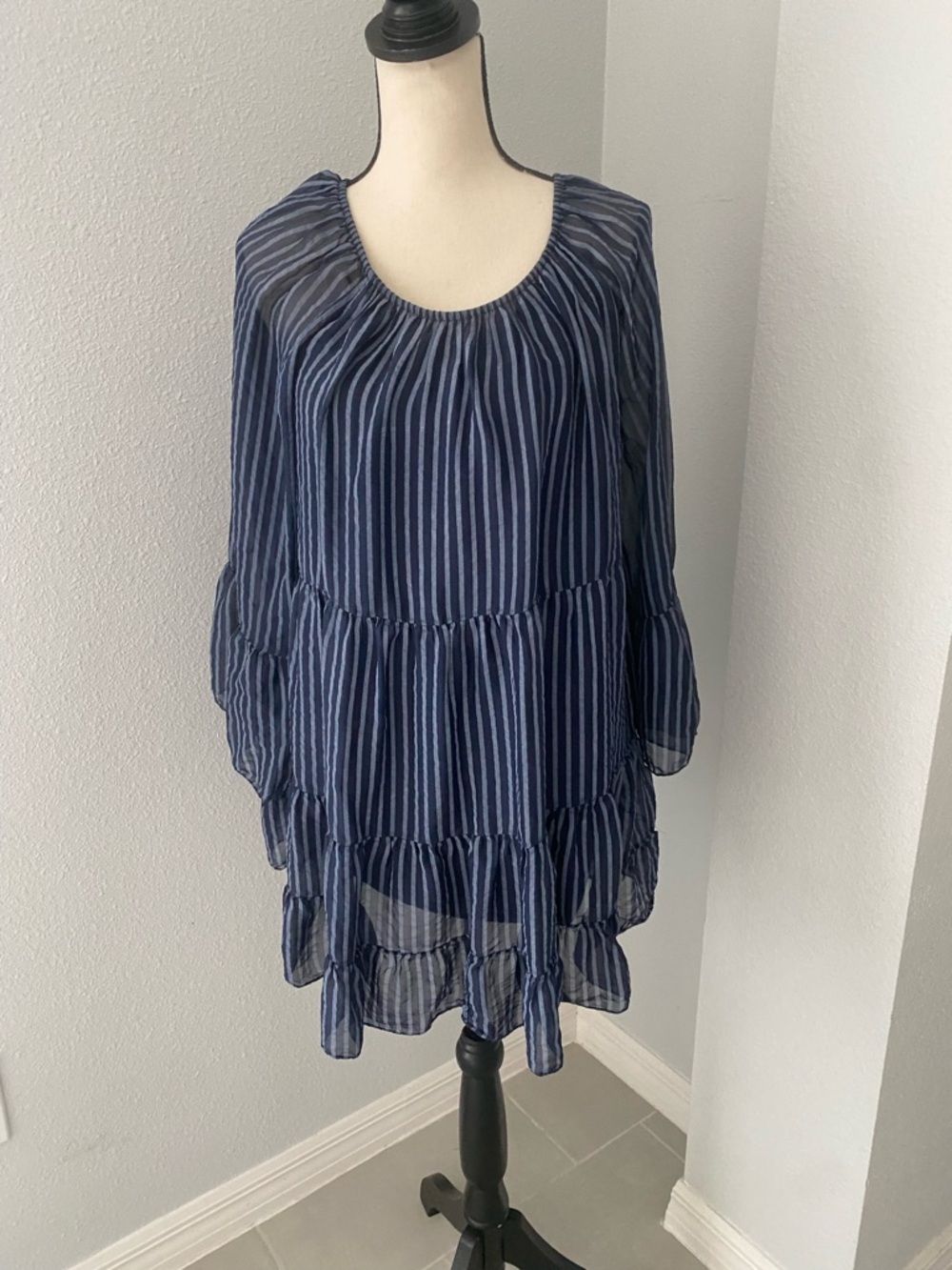 TEMPO PARIS Women Navy Blue Striped Boho Mini Dress | M